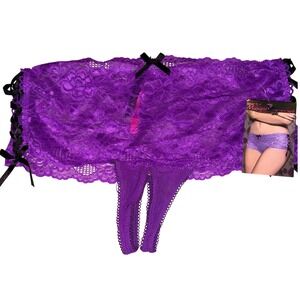 NEW Seven Til Midnight Purple Lace Thong Open Gusset Ribbon Detail Lingerie, L
